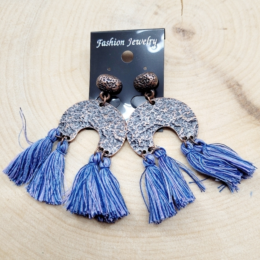 Brand New Bohemian Blue & Purple Copper Tassel Earrings